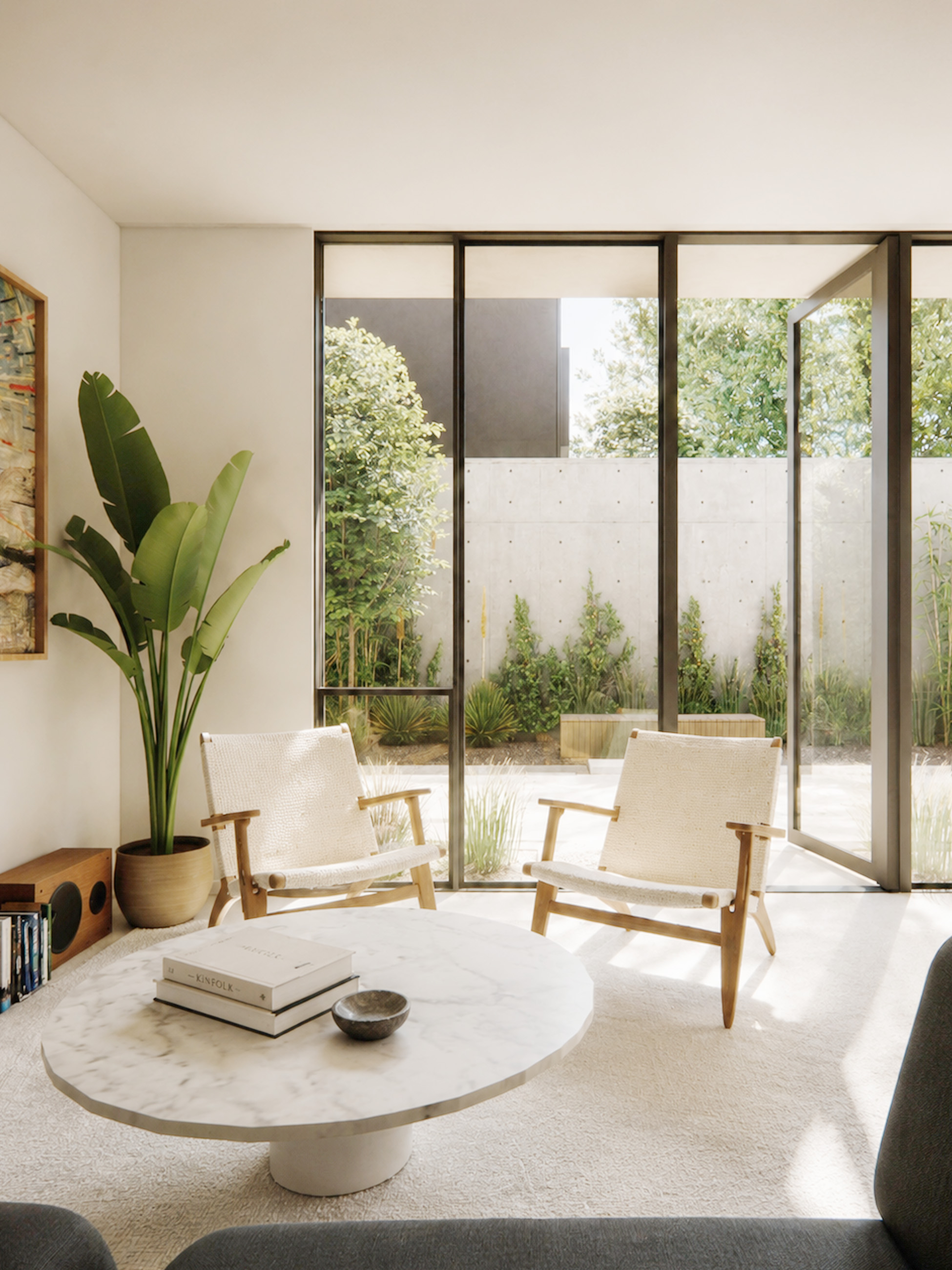Living room with concrete feature wall