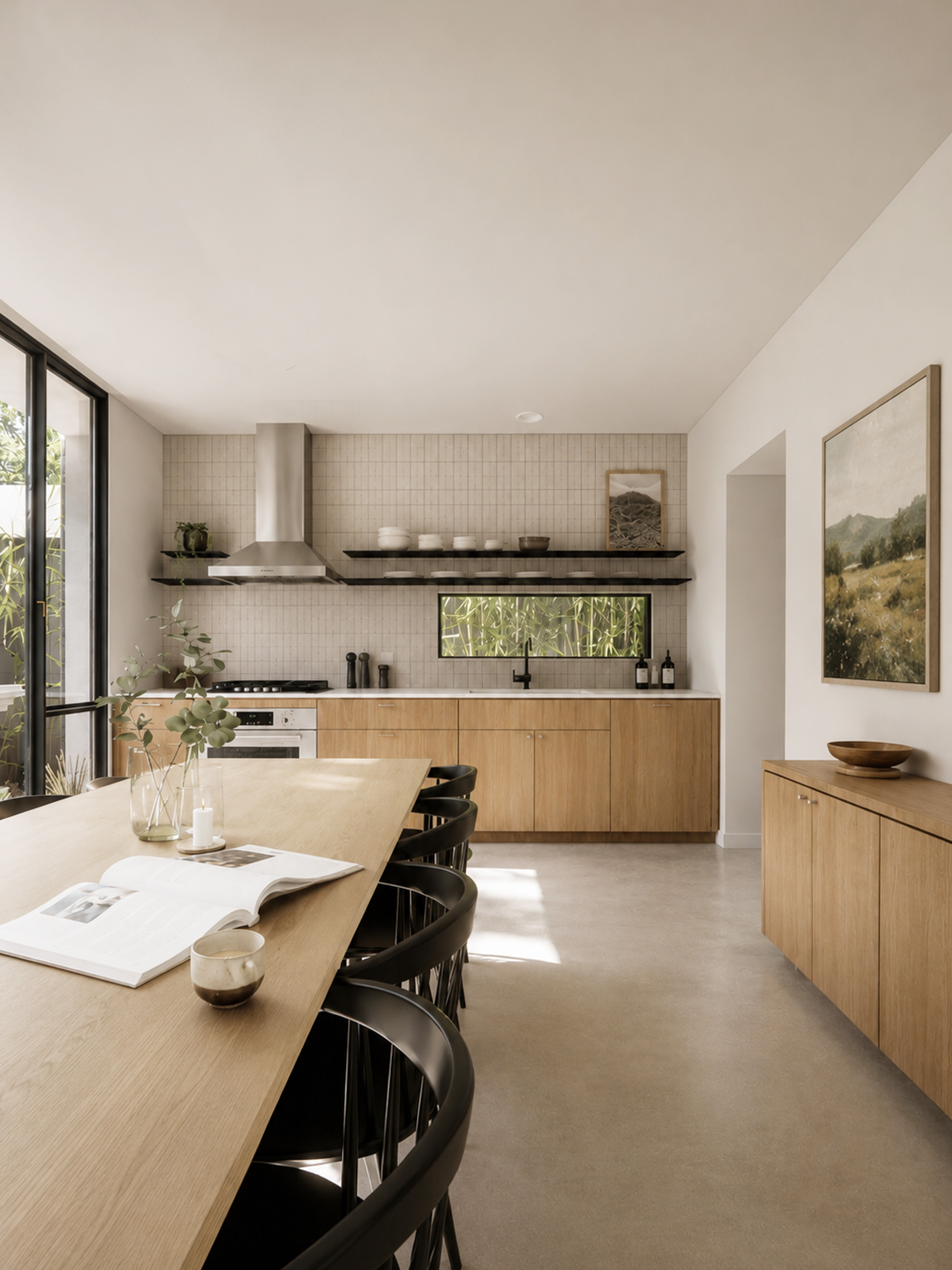 Kitchen with white tile, wood island and bench seating
